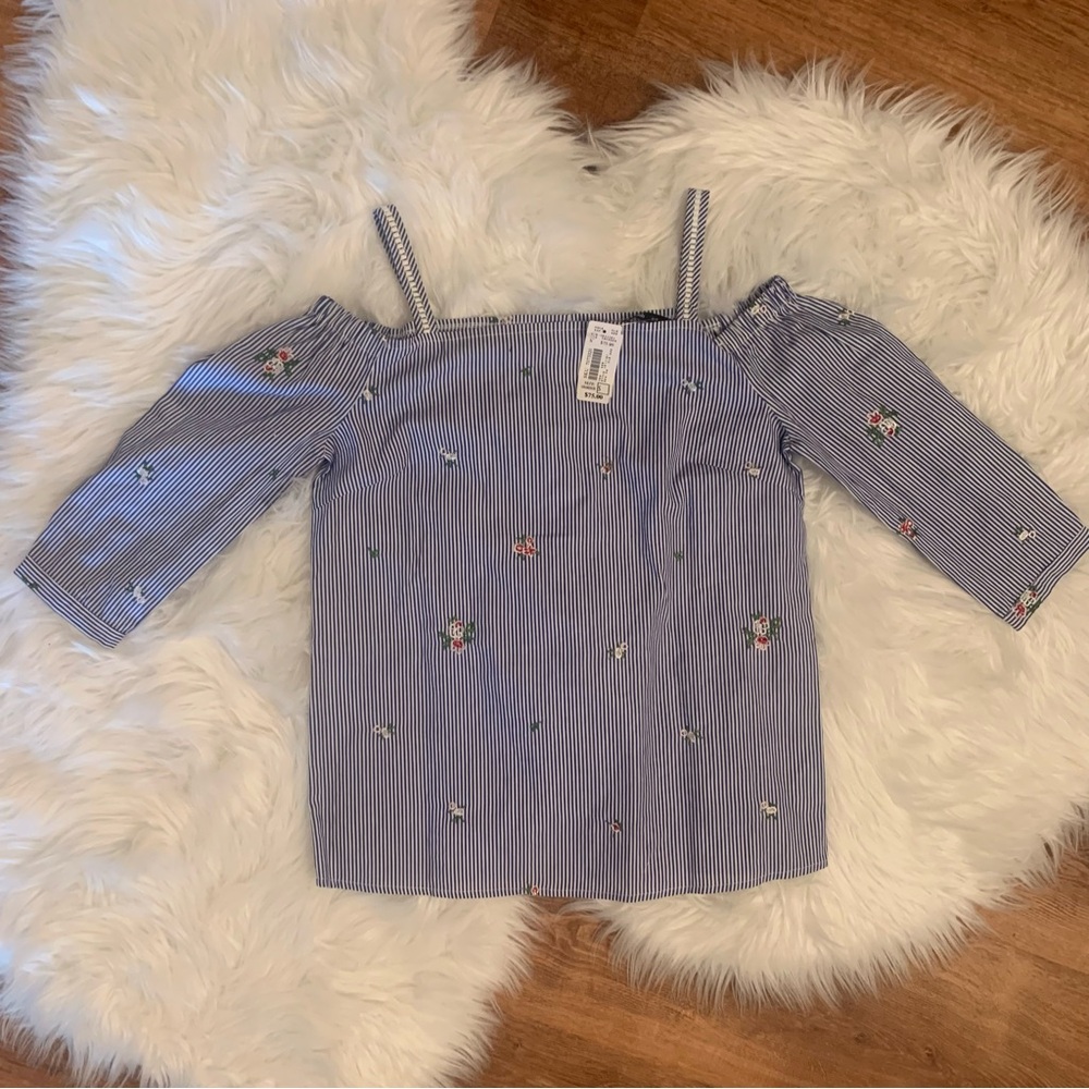 Coco Y Club NWT Blue White Stripe Cold Shoulder Cotton Shirt Embroidered Small